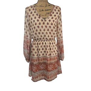 Miami a7502 Cream and red Boho Floral Mini Sun Dress- V-neck M